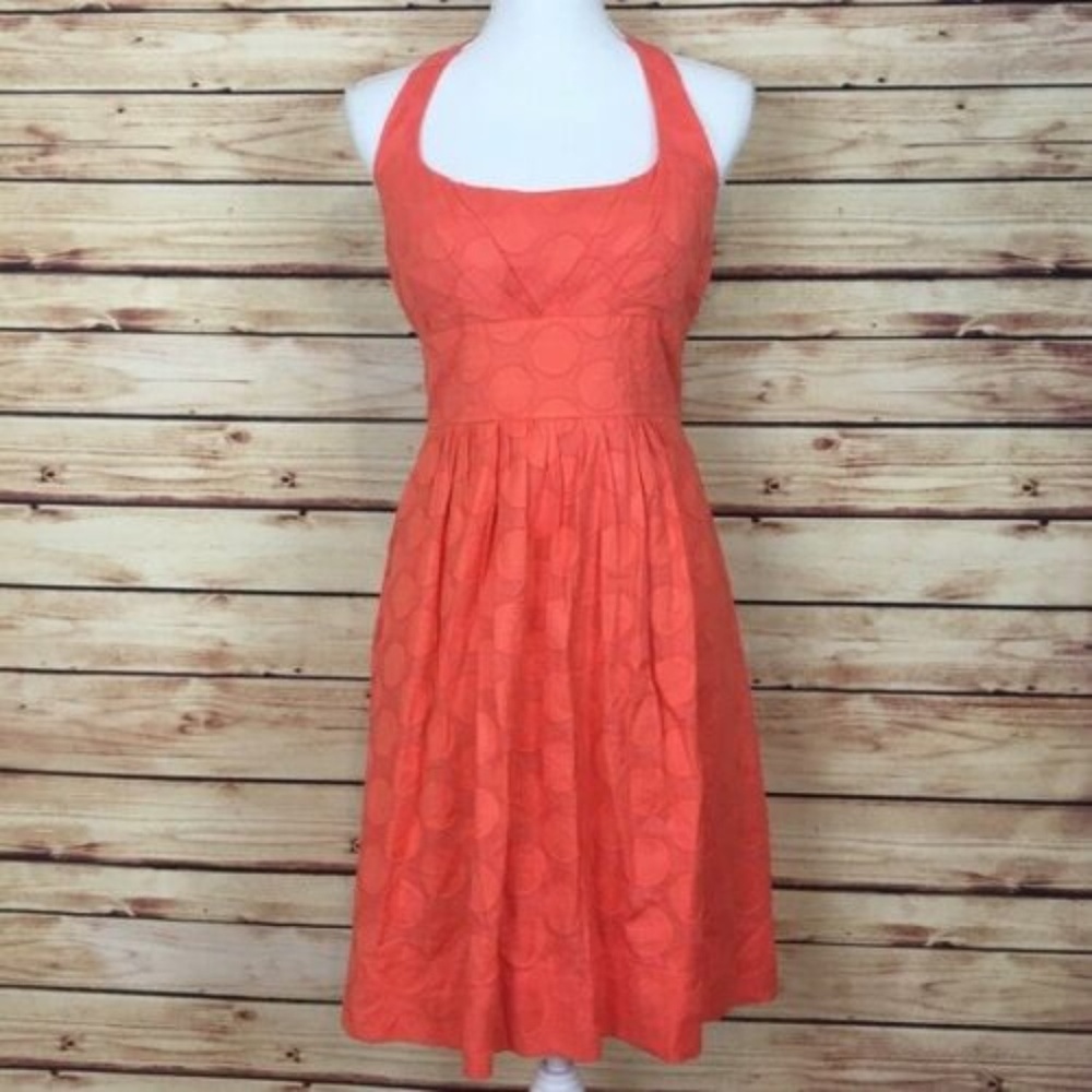 Coral/Melon Cotton Textured Tie Back Halter Dress